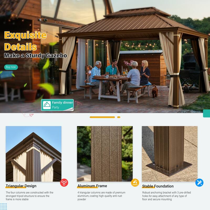 EROMMY Hardtop Gazebo with Galvanized Steel Roof and Curtains, Outdoor Aluminum Pavilion for Patio, Backyard, Lawn