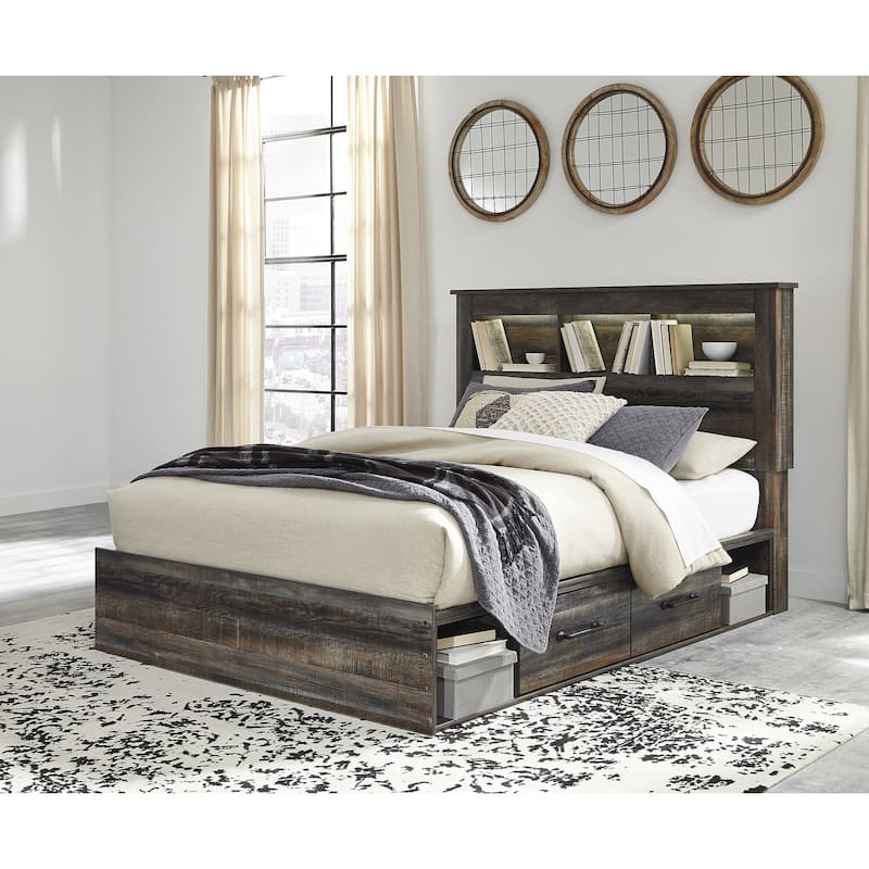Drystan Rustic Brown Bookcase Bed with 2 Under Bed Storage Drawers