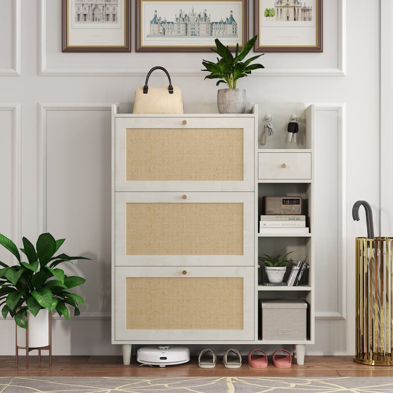 Freestanding Shoe Storage Cabinet, Narrow Hidden Shoe Rack with 3 Rattan Flip Drawers, 3 Square Shelves & 1 Storage Drawer - Antique White