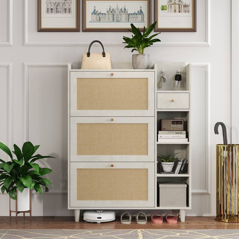 GDFStudio - Bohemian Style Shoe Cabinet with 3 Flip Drawers, 3 Shelves, 1 Storage Drawer and Hooks - Antique White - Shoe Cabinet