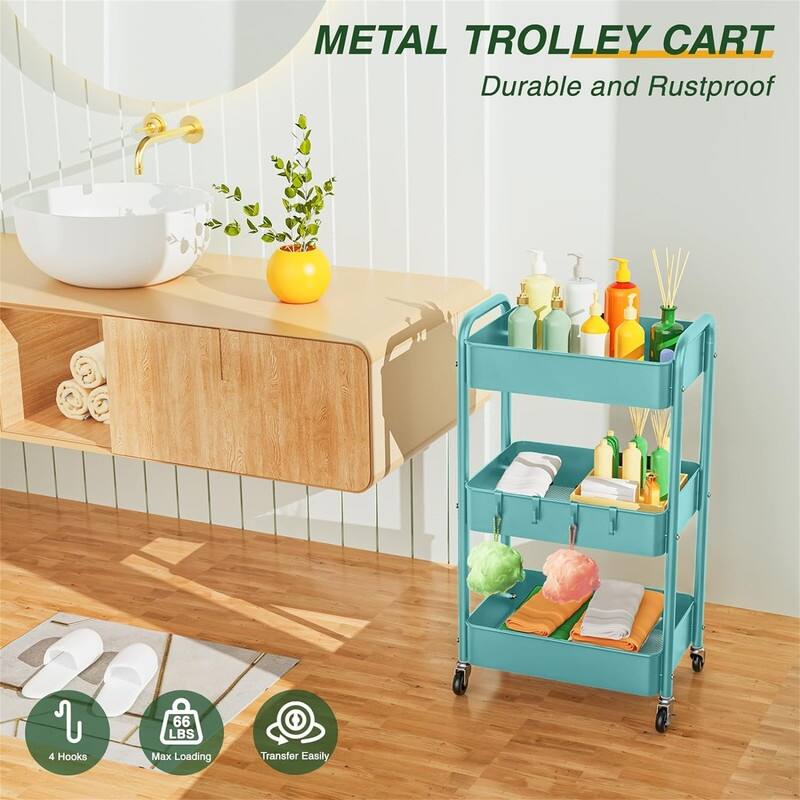 3 Tier Rolling Storage Cart Metal Trolley Utility Cart with Wheels - 15.7"D x 7.1"W x 35.9"H