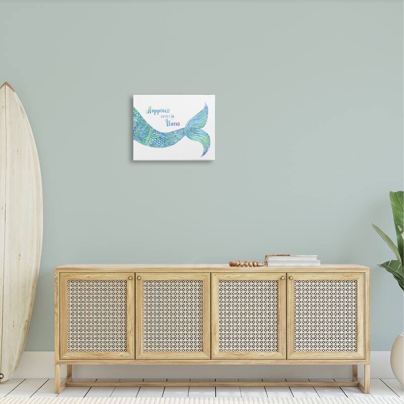 Stupell Happiness Comes in Waves Detailed Mermaid Tail Sentiment Canvas Wall Art, Design by Jackie Decker
