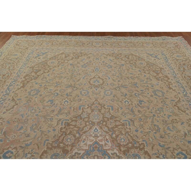 Muted Distressed Kashan Persian Antique Rug Hand-knotted Wool Carpet - 9'3" x 13'4"