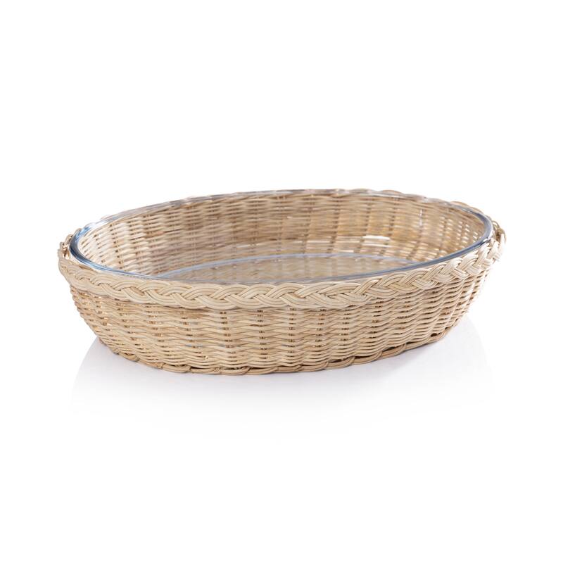 The Palmier Oval Pyrex in Rattan Basket - 16.5" x 11.75" x 3.25"
