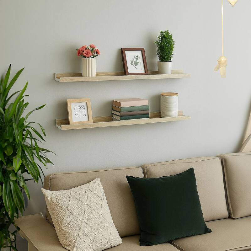 Yuli Wall Shelf Set of 2, Farmhouse Brown White, Raised Ledge Design 32 Inch