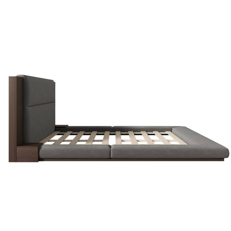 Floor Bed Low Profile Platform Bed Velvet Upholstered Grounded Bed with Wingback Headboard & Bedside Shelf, No Box Spring Needed