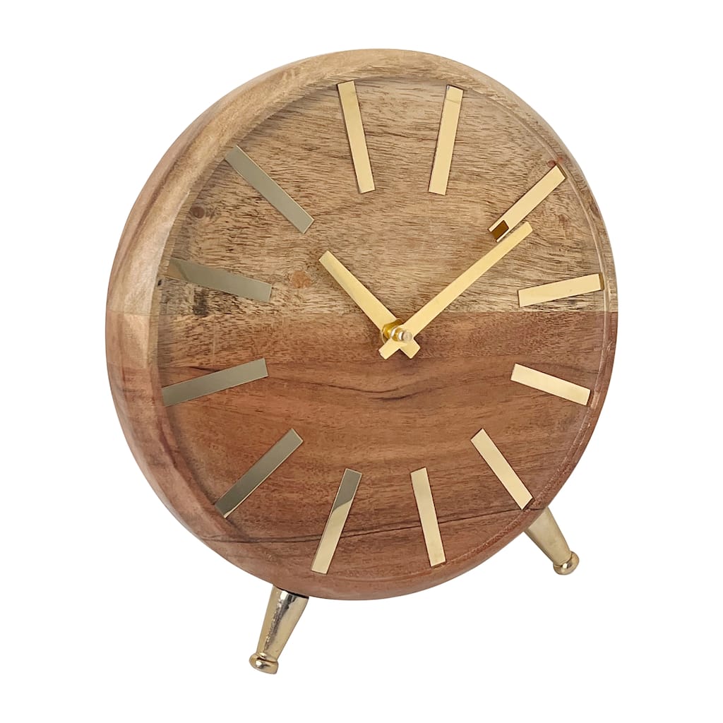 Sagebrook Home Wood Gold Table Clock, Brown, Round, Solid Color, Aluminum, Interior Decor Wall
