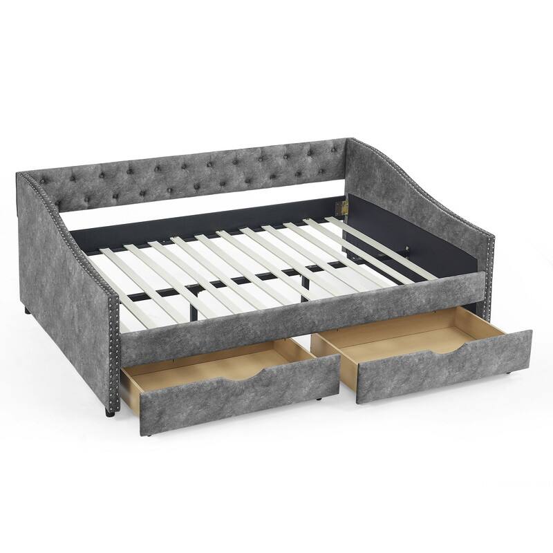 Full Upholstered Daybed with Storage Drawers,Button Tufted and Nailhead Trim,Solid Wood Frame