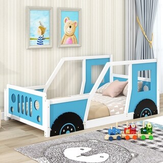 Twin Size Classic Car-Shaped Bed,Platform Bed with Wheels and Headboard and Footboard