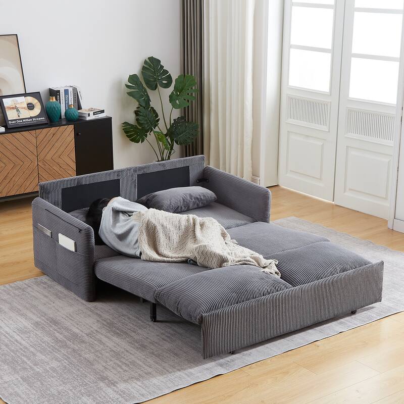 65" Corduroy 2-Seater Sleeper Sofa, 3-in-1 with Storage and Side Pocket