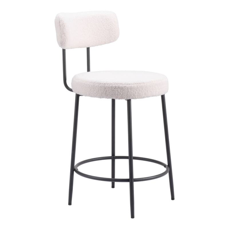 25-Inch Seat Ivory Shearling Upholstered Counter Stools Set of 2 with Low Back and Black Steel Frame - 36.4”H x 18.5”W x 22”D