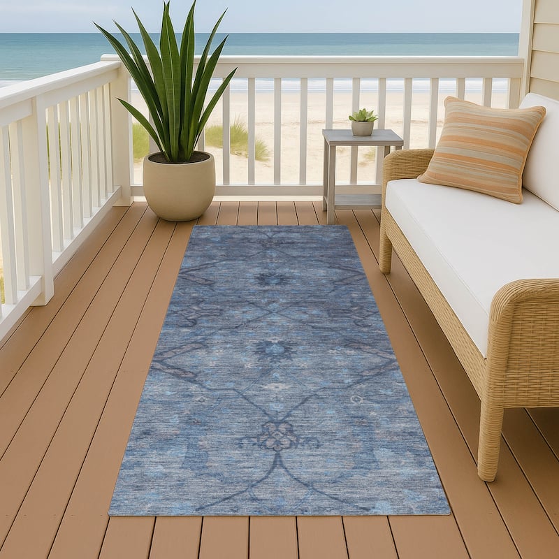 Machine Washable Indoor/ Outdoor Boho Global Chantille Rug - Blue - 2'3" x 7'6"