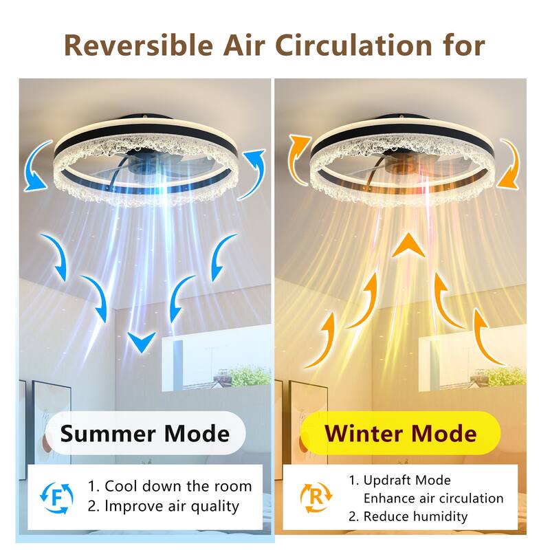 LunaDrift 16"20"24" Modern Black Crystal Smart Flush Mounted Ceiling Fan with Light, Dimmable Bedroom Ceiling Fan w/Remote