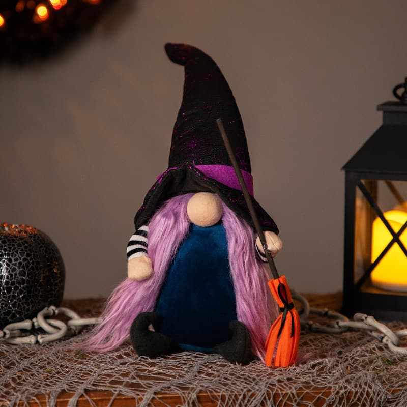 Gnome Witch with Broom and Pointy Hat Halloween Figure - 14"