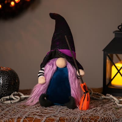 Gnome Witch with Broom and Pointy Hat Halloween Figure - 14" - Black and Purple