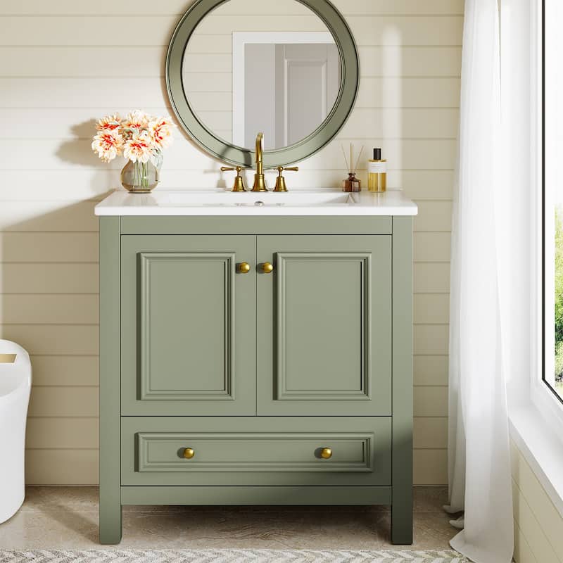 Modern Bathroom Vanity with Sink, Vanity Cabinet with Drawer and Door Organizer - 30 In - Green
