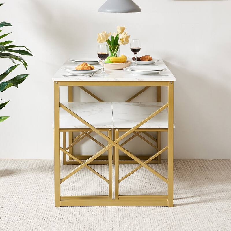44.3" Dining Table with Benches Kitchen Table set for 4 Rectangular Dining Room Table Set with 2 Metal Wood Benches