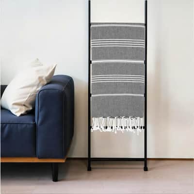 HomeRoots 39" X 71" White and Black Cotton Turkish Towel Throw Blanket with Tassels