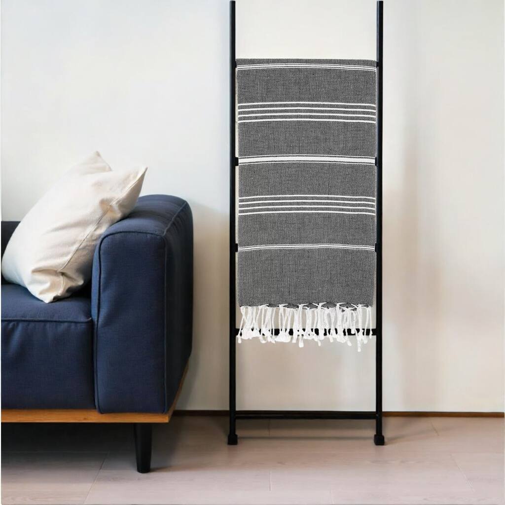 HomeRoots 39" X 71" White and Black Cotton Turkish Towel Throw Blanket with Tassels