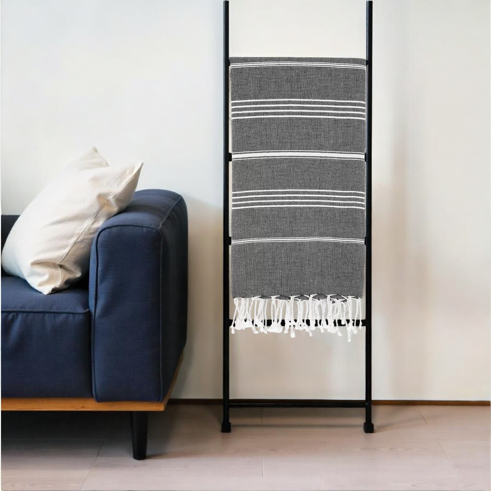 HomeRoots 39" X 71" White and Black Cotton Turkish Towel Throw Blanket with Tassels