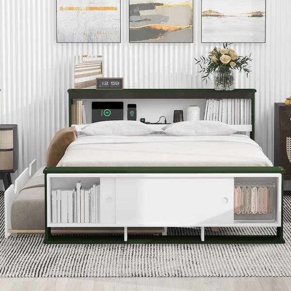 slide 2 of 12, Full Platform Bed with Trundle & USB Charging, Storage Headboard and Footboard, White+Green Green