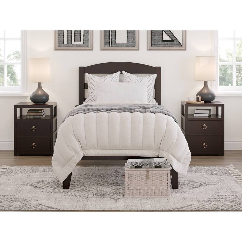 Wood Platform Bed - Twin Size, Espresso Finish - Charging Station & Arched Headboard