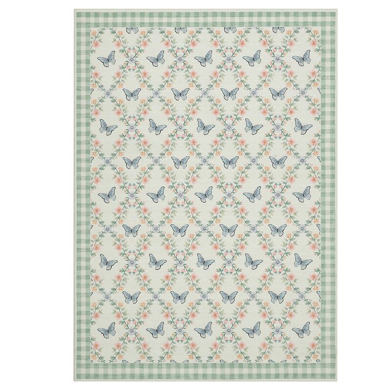 Butterfly Pattern Rugs for Living Room, Modern Floral Area Rug, Washable Border Plaid Non Slip Floor Carpet
