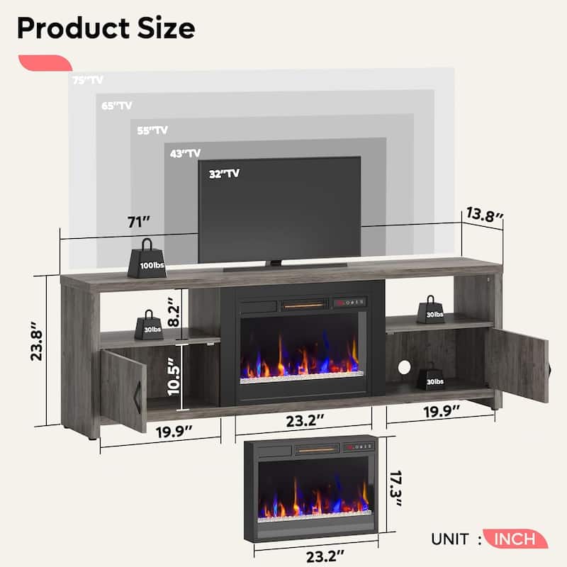 Bestier 71" Fireplace TV Stand for TVs up to 75" LED Entertainment Center with 23" Remote Control Electric Fireplace