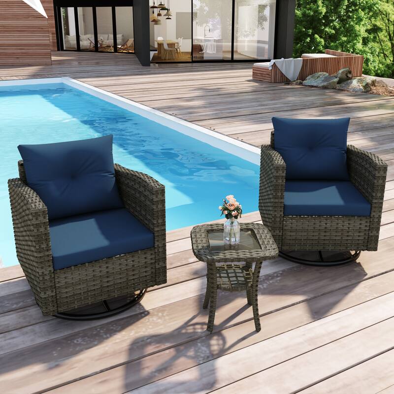 Outdoor Rattan Conversation Swivel Chair Set of 3 with Table - Blue Set