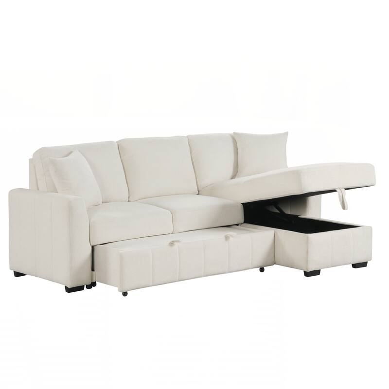 L-Shaped Sectional Sleeper Sofa with Reversible Storage Chaise, Drop-Down Center Back Cushion with Dual Cup Holders