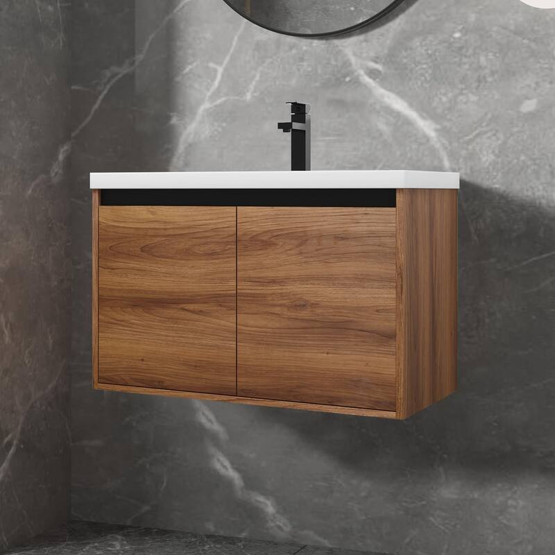 Classic Farmhouse Style Wall-Mounted Wooden Bathroom Vanity with Resin Countertop Sink - Brown - 29.52''W x 18.13''D x 20.52''H