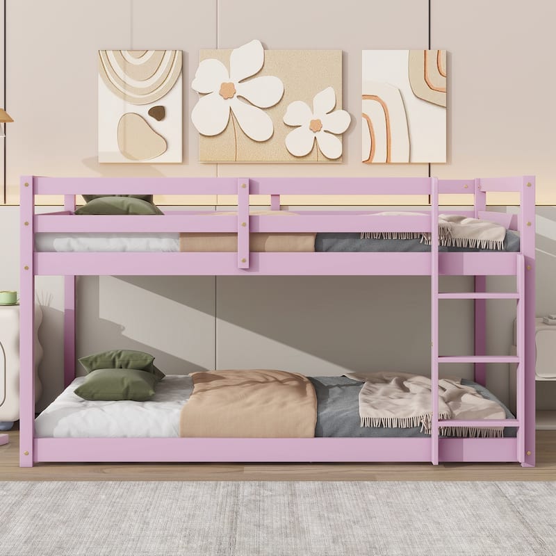 Wooden Twin over Twin Floor Bunk Bed with Ladder ,Upper and Bottom Bed Platforms