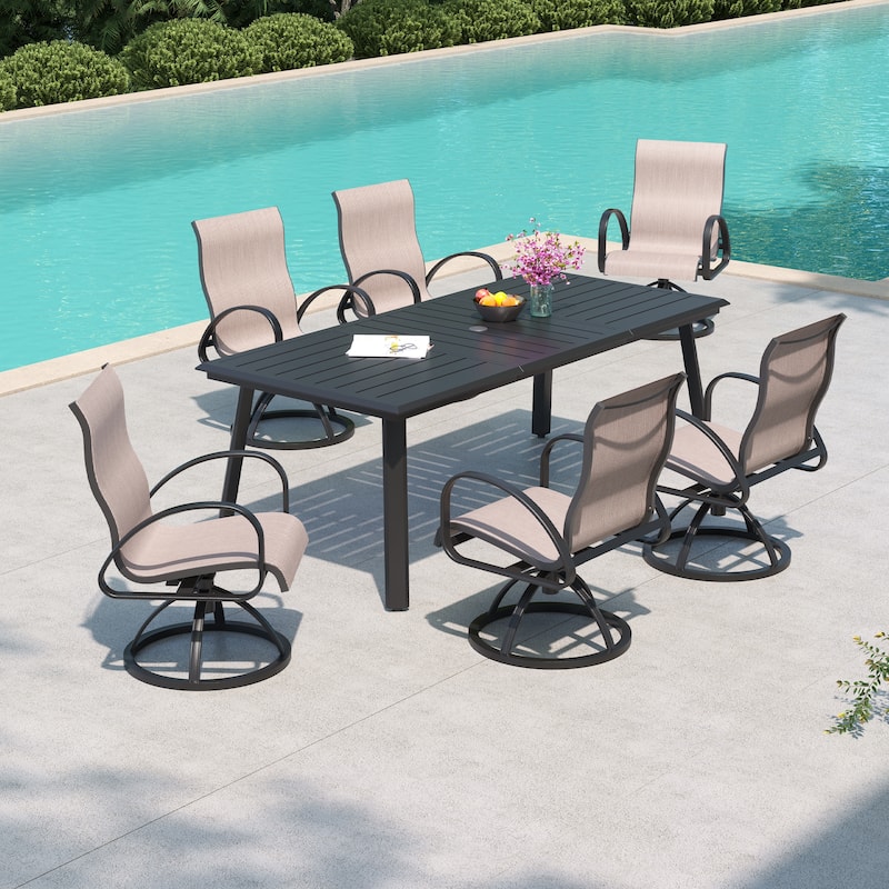 7/9PC Outdoor Patio Aluminum Dining Table with Sunbrella Swivel Dining Chairs Sunbrella Umbrella Hole - AUGUSTINEASHE-82.7inTable-7PC