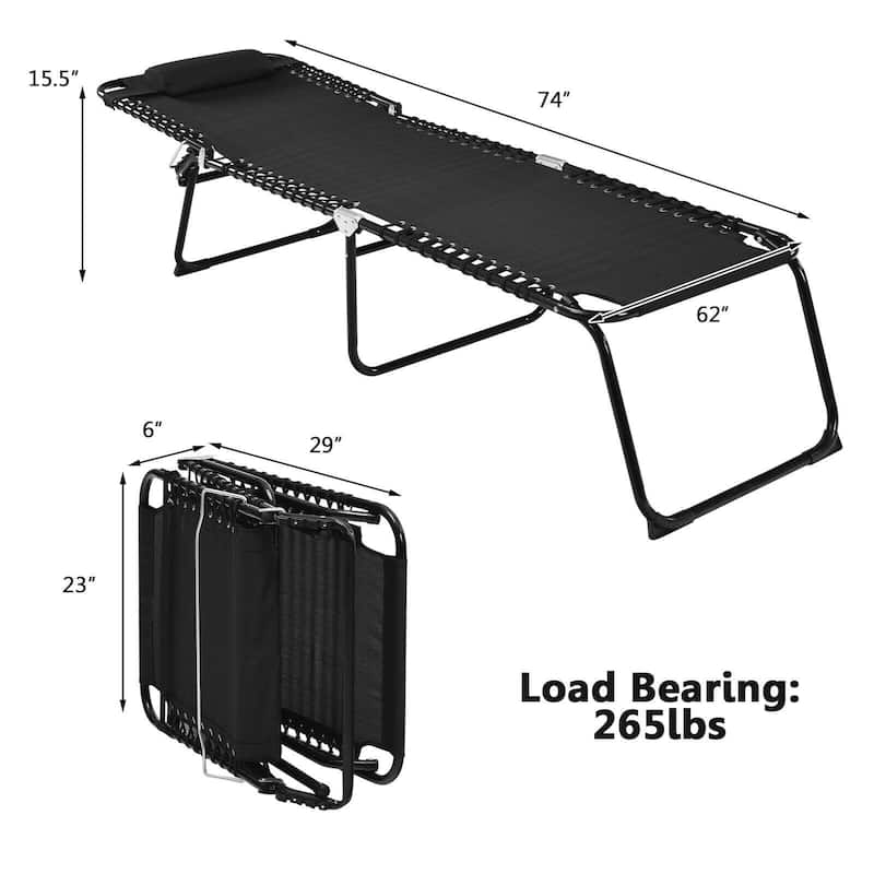 Portable Folding Beach Lounge Chair with Adjustable Height and Pillow for Patio Relaxation - 74.5" x 23" x 15.5" (L x W x H)