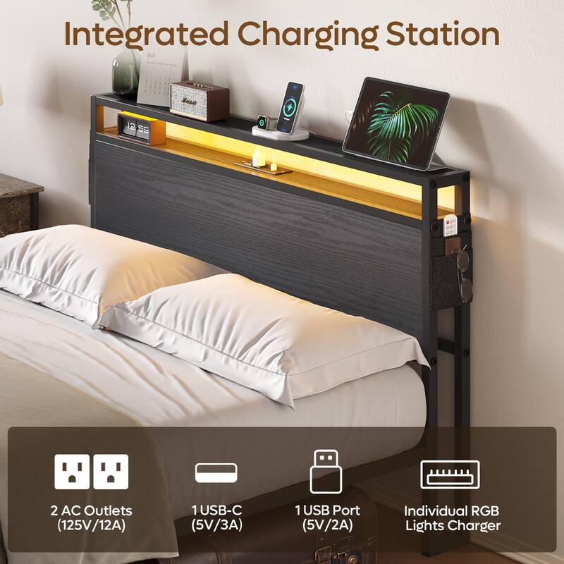 Metal Bed Frame Platform Bed with Storage Headboard LED Lights and Charging Station