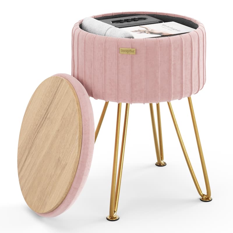 Emperyan Pleated Velvet Storage Ottoman, Modern Ottomans for Living Room and Bedroom - 17" x 13" - Pink/Gold Legs