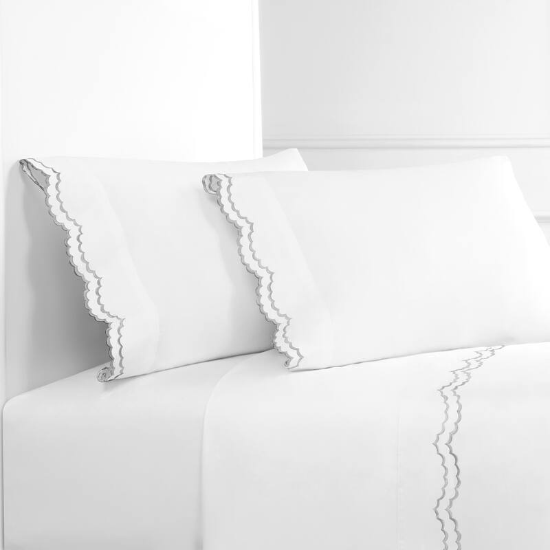 Percale Double Scalloped Embroidered Pillowcase and Sham Cover Set