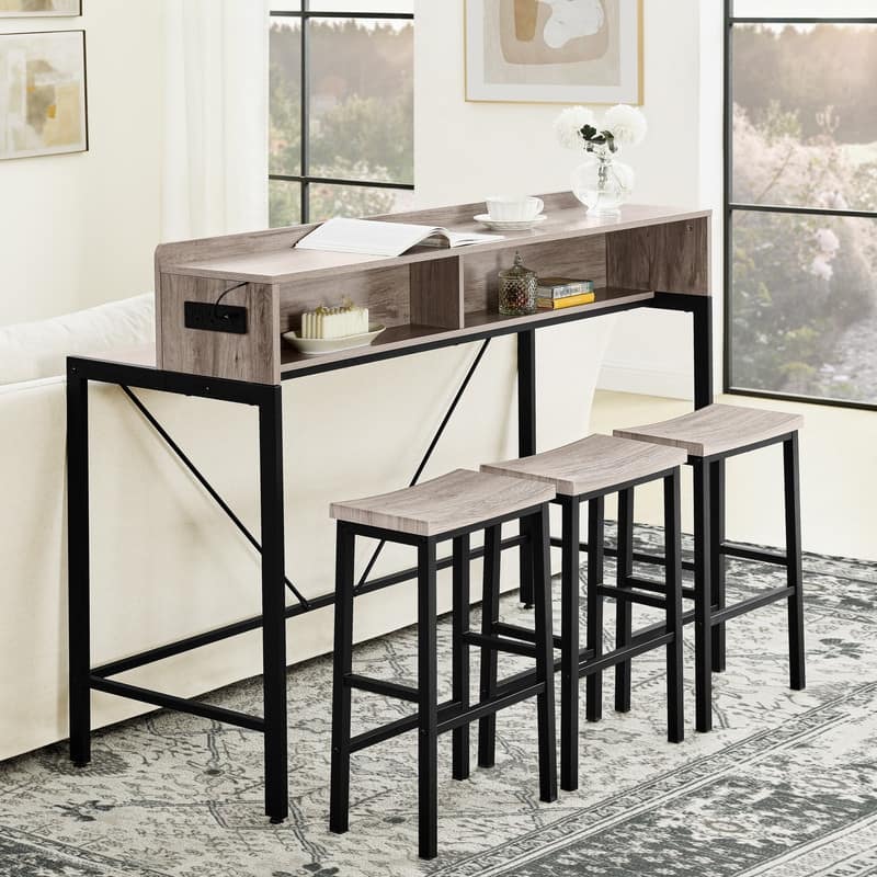 4-Piece Bar Table Set,Farmhouse Sofa Table with Storage Shelves,Charging Station & LED Lights and 3 Curved Saddle Stools