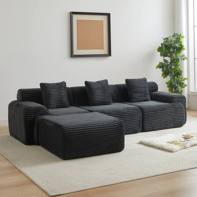 Inlaid Structural Sleeper Sectional Sofa Bed with Ottoman, Corduroy Modular Boneless Couch with Wider Armrests and Backrests