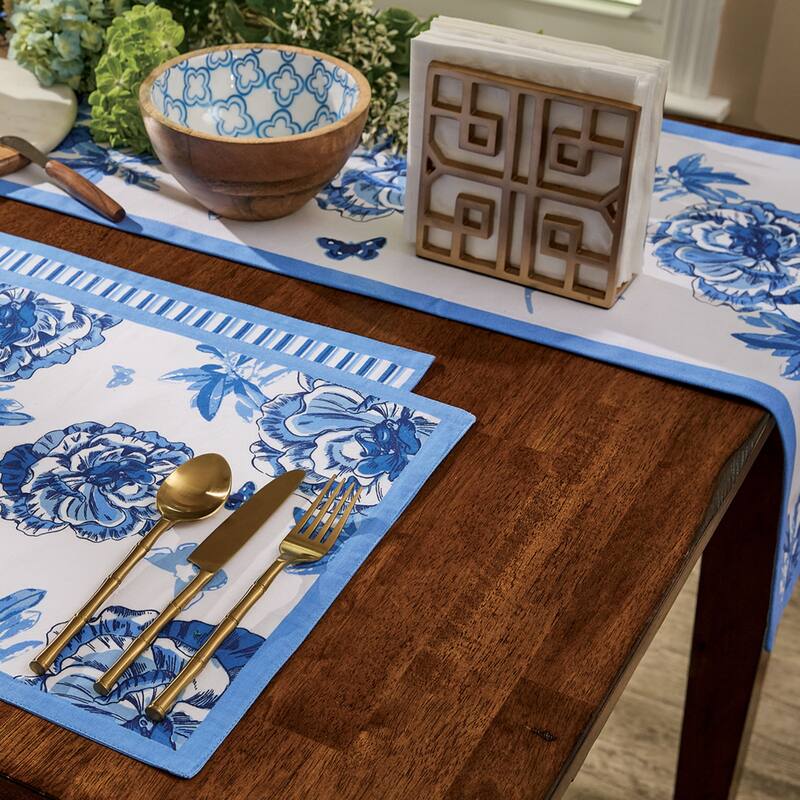 Patricia Heaton Home Blue Florals And Flitters Table Runner 14" X 72" - 72 x 14 x 0.1