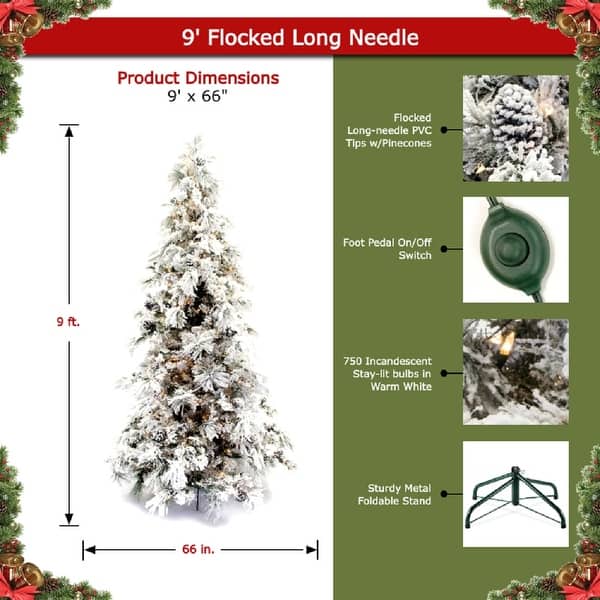 dimension image slide 2 of 2, Flocked Long Needle Snowy Pine 9-foot Christmas Tree