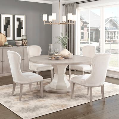 Modern 5pc Dining Set Round Table and 4x Side Chairs Ivory Fabric Upholstered Furniture