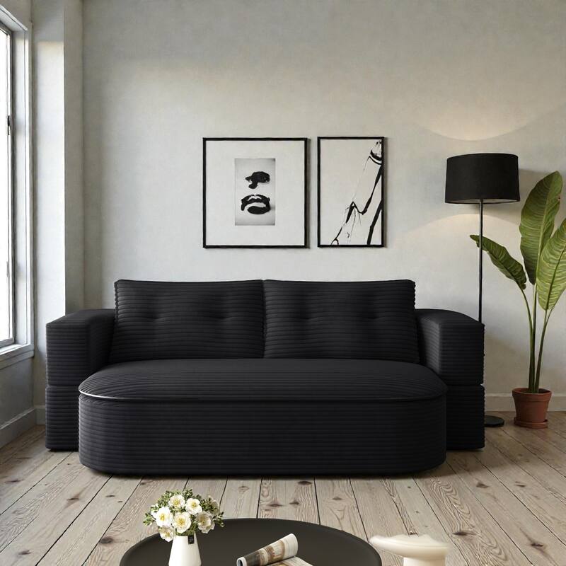 78.7 Inch Convertible Floor Sofa Bed, Plush Corduroy Sleeper Couch with Blanket and 2 Pillows, Deep Seat - Black