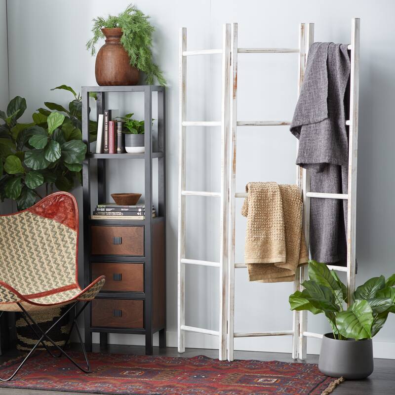 Wood Ladder 15 Rung Ladder with 3 Panels - White - Roche River Decor - 2"Wx48"Lx71"H