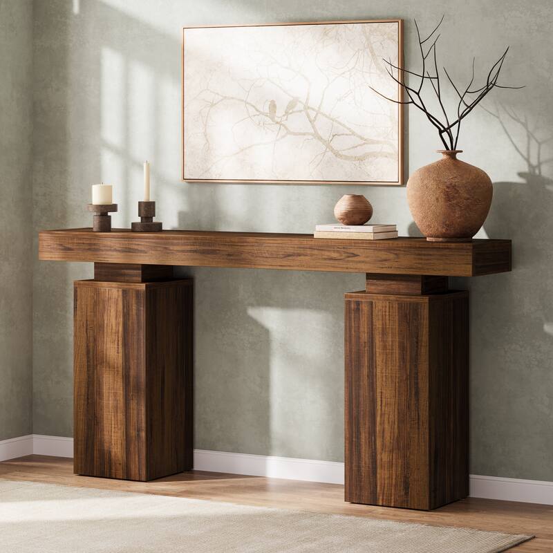 Industrial Sofa Console Table with Double Pedestal for Entryway