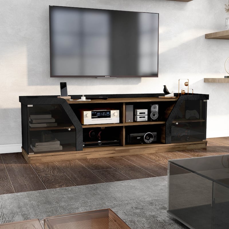 DH BASIC Modern Light Hickory 71-inch Multi-Storage TV Console with Black Tint Glass Cabinets by Denhour - Light Hickory/Black