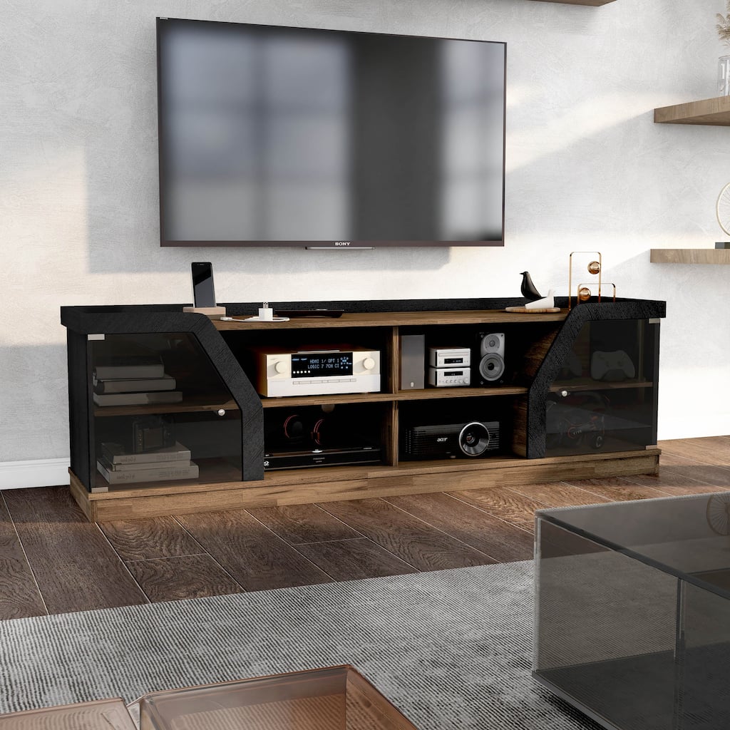 DH BASIC Modern Light Hickory 71-inch Multi-Storage TV Console with Black Tint Glass Cabinets by Denhour