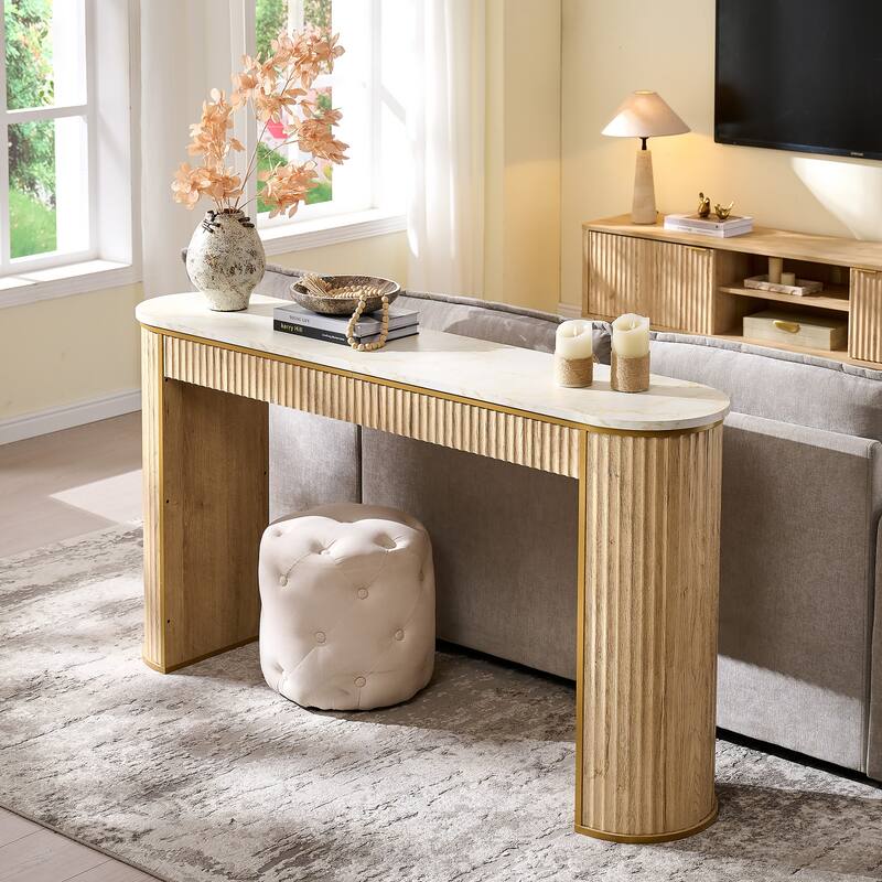 Modern 63" Fluted Console Table, Faux Marble Texture Top, Entry Table