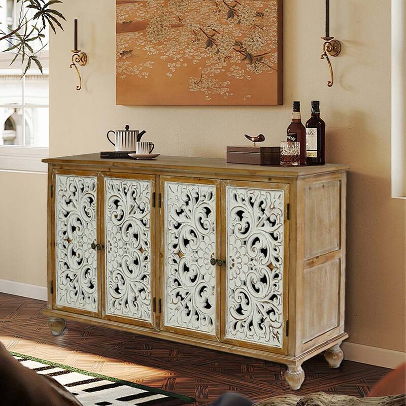 Accent Cabinet with 4 Doors, Sideboard Buffet Cabinet with Storage, Credenza Storage Cabinet with Wood Carved Floral Doors