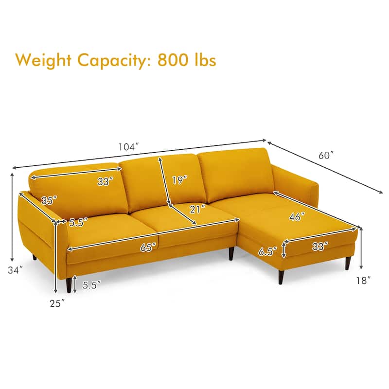 Costway 104'' L-Shaped Fabric Sectional Sofa w/ Chaise Lounge & Solid - 104'' x 60'' x 34''